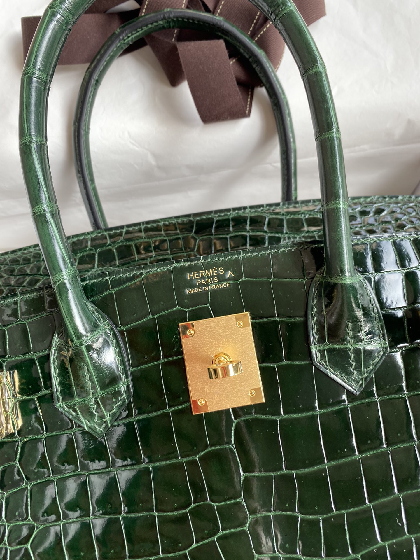 Hermes Birkin 30CM Handmade Bag In Green Crocodile Porosus Shiny Skin